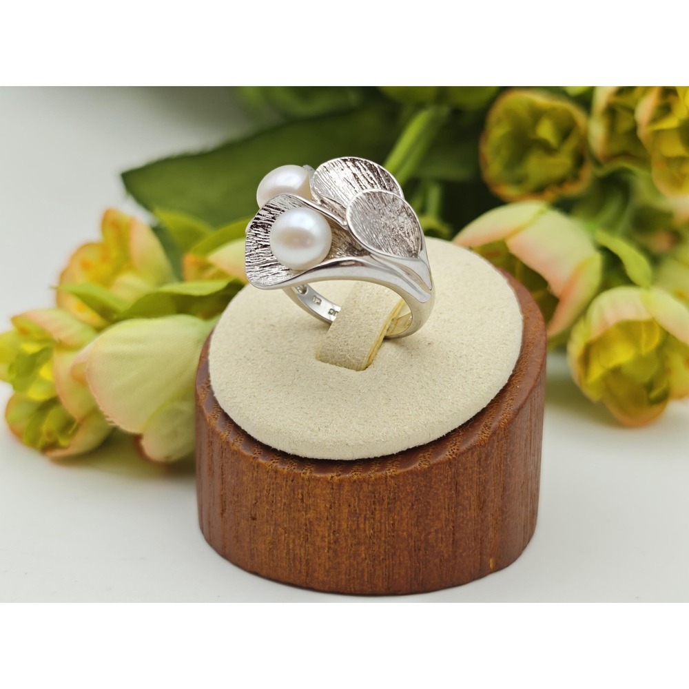 Floral Motif Twin Pearl Sterling Silver Ring Women Size 6 Silver Textured Leaf